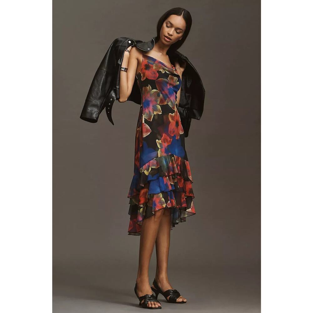 NWT Anthropologie Strap Cowl Neck High-Low Midi Dress Sz S Red Black #8F515